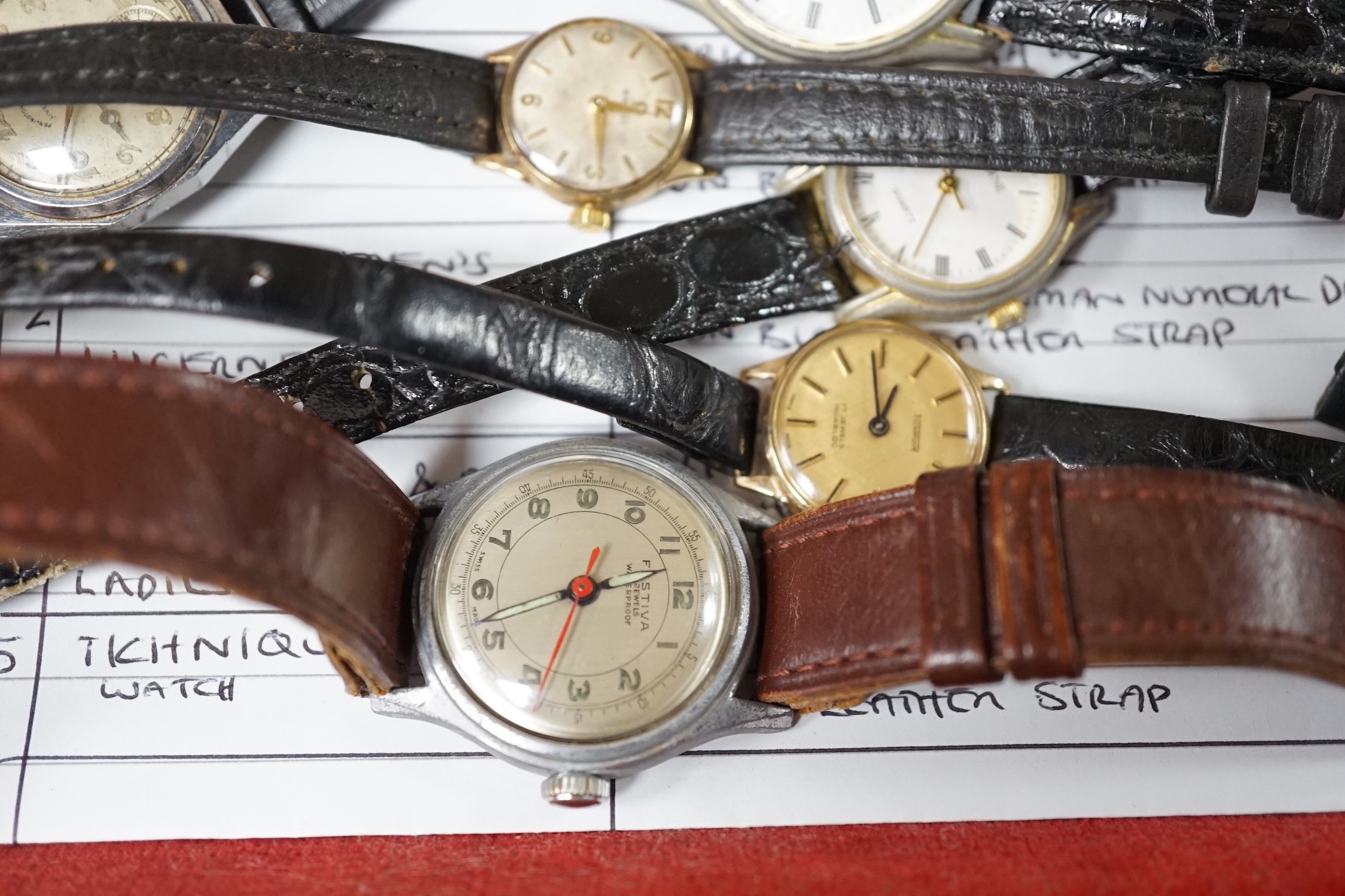 A group of assorted lady's and gentleman's wrist watches including a lady's 9ct Omega and Tichnique, two Lucerne quartz and two steel watches including Festiva.